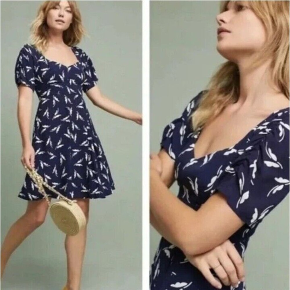 Anthropologie Maeve Fern Butterfly Dress 4 Sweetheart Neckline Ruched Blue Mini